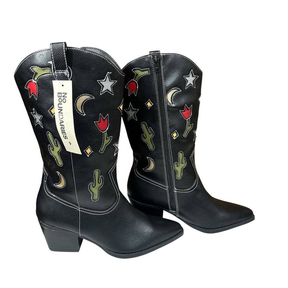 No Boundaries Western Cowgirl Boots Cactus Moon Star Black Faux Leather Womens 9 - Picture 1 of 10